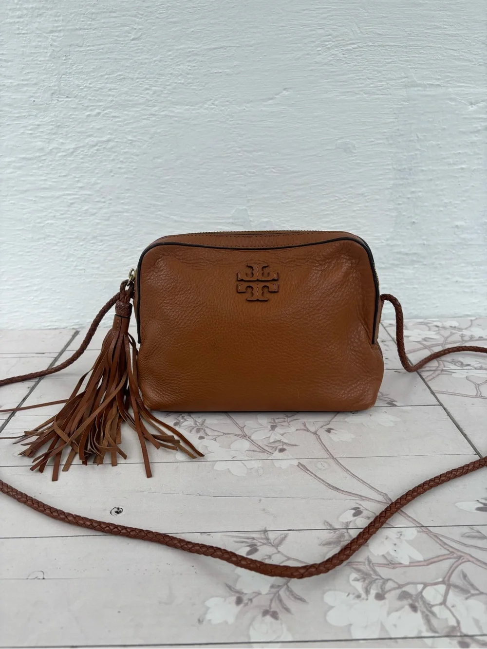 Tory Burch Tan Pebbled Leather Crossbody with Tassel